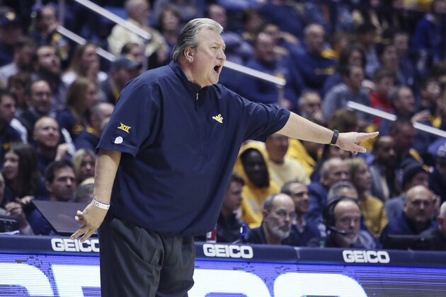 West Virginia coach Bob Huggins reacts to a call during the first half of an NCAA college basketball game against Nicholls State Saturday, Dec. 14, 2019, in Morgantown, W.Va. (AP Photo/Kathleen Batten)