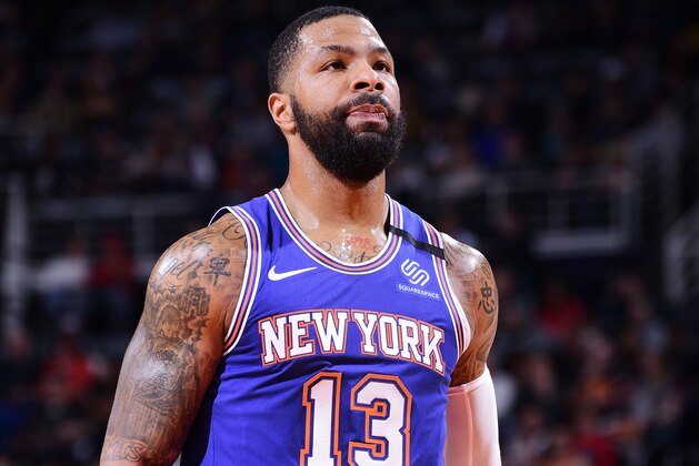 PHOENIX, AZ - JANUARY 3: Marcus Morris Sr. #13 of the New York Knicks shoots the free throw during the game against the Phoenix Suns on January 3, 2020 at Talking Stick Resort Arena in Phoenix, Arizona. NOTE TO USER: User expressly acknowledges and agrees that, by downloading and or using this photograph, user is consenting to the terms and conditions of the Getty Images License Agreement. Mandatory Copyright Notice: Copyright 2020 NBAE (Photo by Michael Gonzales/NBAE via Getty Images)