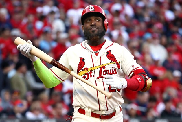 ST LOUIS, MISSOURI - OCTOBER 12: Marcell Ozuna #23 of the St. Louis Cardinals reacts after striking out in the seventh inning of game two of the National League Championship Series against the Washington Nationals at Busch Stadium on October 12, 2019 in St Louis, Missouri. (Photo by Jamie Squire/Getty Images)