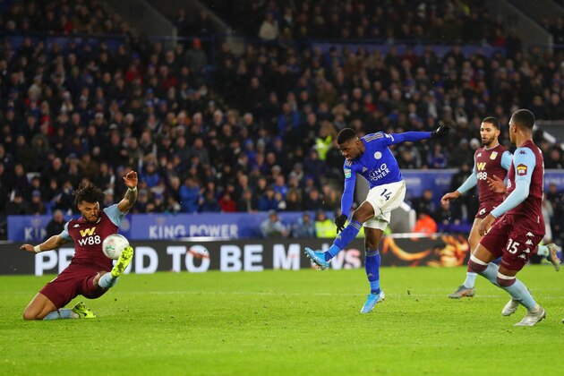 LEICESTER, ENGLAND - JANUARY 08:  Kelechi Iheanacho of Leicester City scores his team's first goal during the Carabao Cup Semi Final match between Leicester City and Aston Villa at The King Power Stadium on January 08, 2020 in Leicester, England. (Photo by Catherine Ivill/Getty Images)