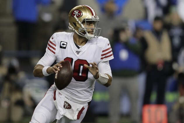 San Francisco 49ers quarterback Jimmy Garoppolo in action against the Seattle Seahawks during the first half of an NFL football game, Sunday, Dec. 29, 2019, in Seattle. (AP Photo/Stephen Brashear)