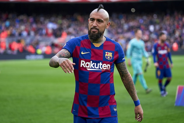 BARCELONA, SPAIN - DECEMBER 21: Arturo Vidal of FC Barcelona looks on prior to the Liga match between FC Barcelona and Deportivo Alaves at Camp Nou on December 21, 2019 in Barcelona, Spain. (Photo by Quality Sport Images/Getty Images)