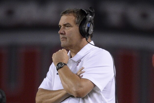 San Diego State Aztecs defensive line coach Brady Hoke looks on from the sideline during the second half of the NCAA college football game against the Fresno State Bulldogs Friday, Nov. 15, 2019, in San Diego. The Aztecs won 17-7. (AP Photo/Orlando Ramirez)