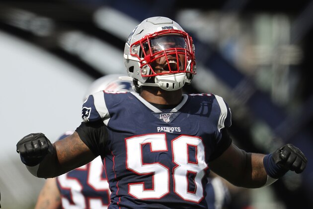 New England Patriots outside linebacker Jamie Collins celebrates after a tackle during an NFL football game against the New York Jets at Gillette Stadium, Sunday, Sept. 22, 2019 in Foxborough, Mass. (Winslow Townson/AP Images for Panini)