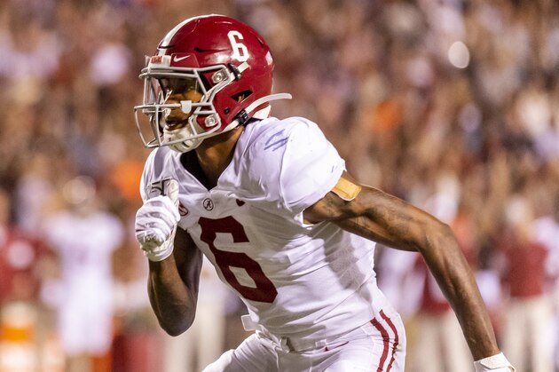 Alabama wide receiver DeVonta Smith (6) during the second half of an NCAA college football game against Auburn, Saturday, Nov. 30, 2019, in Auburn, Ala. (AP Photo/Vasha Hunt)