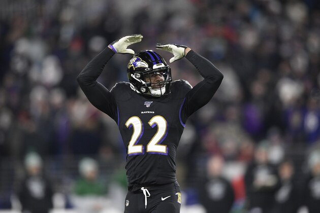 Baltimore Ravens cornerback Jimmy Smith (22) gestures during the second half of an NFL football game against the New York Jets, Thursday, Dec. 12, 2019, in Baltimore. (AP Photo/Nick Wass)