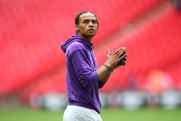 LONDON, ENGLAND - AUGUST 04: Leroy Sane of Manchester City applauds the fans during the FA Community Shield fixture between Liverpool and Manchester City  at Wembley Stadium on August 4, 2019 in London, England. (Photo by Robbie Jay Barratt - AMA/Getty Images)