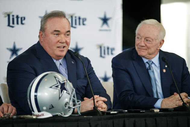 New Dallas Cowboys head coach Mike McCarthy, left, is introduced by team owner Jerry Jones, right, during a press conference at the Dallas Cowboys headquarters Wednesday, Jan. 8, 2020, in Frisco, Texas. (AP Photo/Brandon Wade)