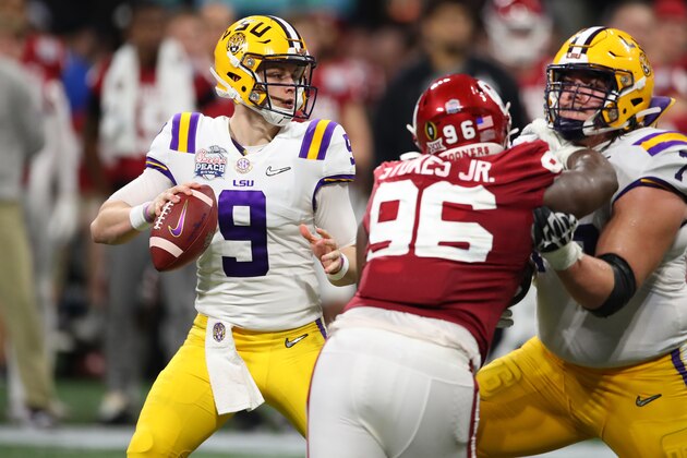ATLANTA, GEORGIA - DECEMBER 28: Joe Burrow #9 of the LSU Tigers plays against the Oklahoma Sooners during the College Football Playoff Semifinal in the Chick-fil-A Peach Bowl at Mercedes-Benz Stadium on December 28, 2019 in Atlanta, Georgia. (Photo by Gregory Shamus/Getty Images)