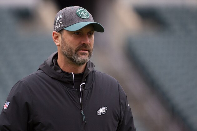 PHILADELPHIA, PA - NOVEMBER 24: Offensive coordinator Mike Groh of the Philadelphia Eagles looks on prior to the game against the Seattle Seahawks at Lincoln Financial Field on November 24, 2019 in Philadelphia, Pennsylvania. (Photo by Mitchell Leff/Getty Images)