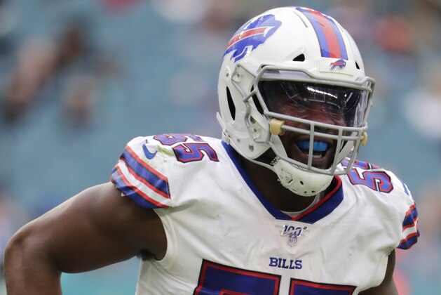 Buffalo Bills defensive end Jerry Hughes (55) smiles on the field, during the second half at an NFL football game against the Miami Dolphins, Sunday, Nov. 17, 2019, in Miami Gardens, Fla. (AP Photo/Lynne Sladky)
