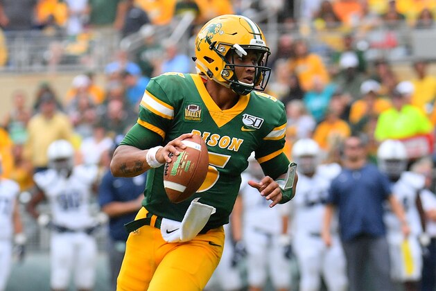 MINNEAPOLIS, MINNESOTA - AUGUST 31:  Quarterback Trey Lance #5 of the North Dakota State Bison looks to pass against the Butler Bulldogs during their game at Target Field on August 31, 2019 in Minneapolis, Minnesota.  (Photo by Sam Wasson/Getty Images)