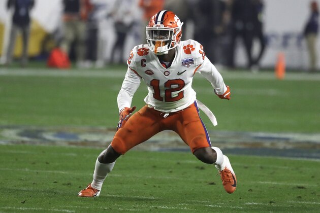 Clemson safety K'Von Wallace (12) during the first half of the Fiesta Bowl NCAA college football game against Ohio State, Saturday, Dec. 28, 2019, in Glendale, Ariz. (AP Photo/Rick Scuteri).