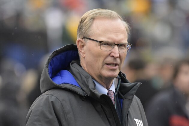 New York Giants owner John Mara walks on the field before an NFL football game against the Green Bay Packers, Sunday, Dec. 1, 2019, in East Rutherford, N.J. (AP Photo/Bill Kostroun)