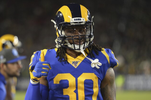Los Angeles Rams running back Todd Gurley watches during the first half of an NFL football game against the Seattle Seahawks Sunday, Dec. 8, 2019, in Los Angeles. (AP Photo/Kyusung Gong)