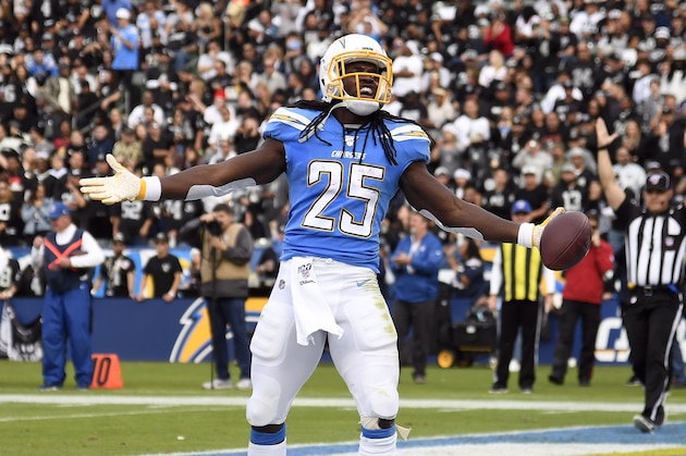 CARSON, CA - DECEMBER 22: Running back Melvin Gordon #25 of the Los Angeles Chargers celebrates after scoring a touchdown against Oakland Raiders during the first half at Dignity Health Sports Park on December 22, 2019 in Carson, California. (Photo by Kevork Djansezian/Getty Images) CARSON, CA - DECEMBER 22: Running back Melvin Gordon #25 of the Los Angeles Chargers celebrates after scoring a touchdown against Oakland Raiders during the first half at Dignity Health Sports Park on December 22, 2019 in Carson, California. (Photo by Kevork Djansezian/Getty Images)