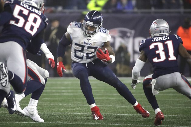 Tennessee Titans running back Derrick Henry (22) carries the ball against New England Patriots outside linebacker Jamie Collins (58) and cornerback Jonathan Jones (31) during an NFL wild-card playoff football game, Saturday, Jan. 4, 2020, in Foxborough, Mass. (AP Photo/Elise Amendola) Tennessee Titans running back Derrick Henry (22) carries the ball against New England Patriots outside linebacker Jamie Collins (58) and cornerback Jonathan Jones (31) during an NFL wild-card playoff football game, Saturday, Jan. 4, 2020, in Foxborough, Mass. (AP Photo/Elise Amendola)