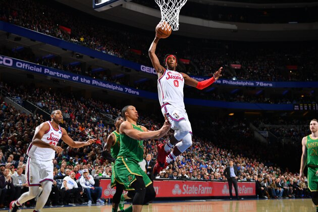 PHILADELPHIA, PA - JANUARY 9: Josh Richardson #0 of the Philadelphia 76ers dunks the ball against the Boston Celtics on January 9, 2020 at the Wells Fargo Center in Philadelphia, Pennsylvania NOTE TO USER: User expressly acknowledges and agrees that, by downloading and/or using this Photograph, user is consenting to the terms and conditions of the Getty Images License Agreement. Mandatory Copyright Notice: Copyright 2020 NBAE (Photo by Jesse D. Garrabrant/NBAE via Getty Images)