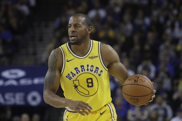 Golden State Warriors guard Andre Iguodala (9) against the Denver Nuggets during an NBA basketball game in Oakland, Calif., Tuesday, April 2, 2019. (AP Photo/Jeff Chiu)