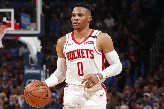 OKLAHOMA CITY, OK - JANUARY 9: Russell Westbrook #0 of the Houston Rockets handles the ball against the Oklahoma City Thunder on January 9, 2020 at Chesapeake Energy Arena in Oklahoma City, Oklahoma. NOTE TO USER: User expressly acknowledges and agrees that, by downloading and or using this photograph, User is consenting to the terms and conditions of the Getty Images License Agreement. Mandatory Copyright Notice: Copyright 2020 NBAE (Photo by Jeff Haynes/NBAE via Getty Images)