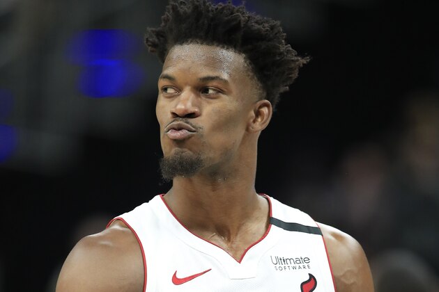 INDIANAPOLIS, INDIANA - JANUARY 08:  Jimmy Butler #22 of the Miami Heat gives a kiss to the crowd after receiving a technical foul for an argument with T.J. Warren #1 of the Indiana Pacers during the game at Bankers Life Fieldhouse on January 08, 2020 in Indianapolis, Indiana.    NOTE TO USER: User expressly acknowledges and agrees that, by downloading and or using this photograph, User is consenting to the terms and conditions of the Getty Images License Agreement. (Photo by Andy Lyons/Getty Images)