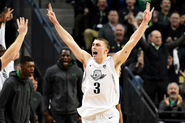 EUGENE, OREGON - JANUARY 09: Payton Pritchard #3 of the Oregon Ducks reacts after hitting a shot during the second half against the Arizona Wildcats at Matthew Knight Arena on January 09, 2020 in Eugene, Oregon. Oregon won 74-73. (Photo by Steve Dykes/Getty Images)