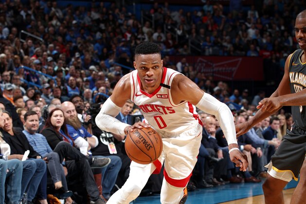 OKLAHOMA CITY, OK - JANUARY 9: Russell Westbrook #0 of the Houston Rockets handles the ball during the game against the Oklahoma City Thunder on January 9, 2020 at Chesapeake Energy Arena in Oklahoma City, Oklahoma. NOTE TO USER: User expressly acknowledges and agrees that, by downloading and or using this photograph, User is consenting to the terms and conditions of the Getty Images License Agreement. Mandatory Copyright Notice: Copyright 2020 NBAE (Photo by Zach Beeker/NBAE via Getty Images)