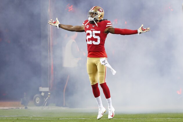 San Francisco 49ers cornerback Richard Sherman (25) is introduced before an NFL football game against the Los Angeles Rams in Santa Clara, Calif., Saturday, Dec. 21, 2019. (AP Photo/John Hefti)