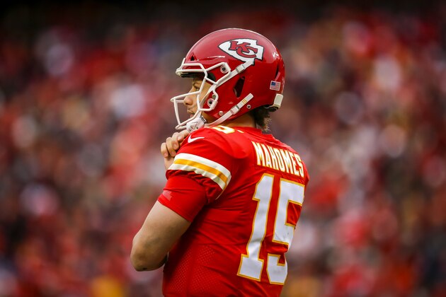 KANSAS CITY, MO - DECEMBER 29: Patrick Mahomes #15 of the Kansas City Chiefs looks to the sidelines during the third quarter against the Los Angeles Chargers at Arrowhead Stadium on December 29, 2019 in Kansas City, Missouri. (Photo by David Eulitt/Getty Images)