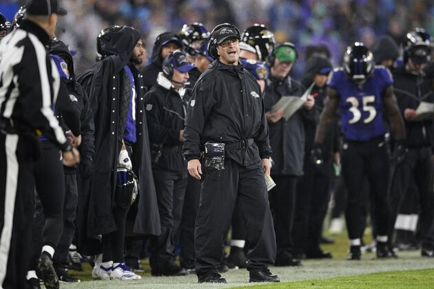 Baltimore Ravens head coach John Harbaugh reacts during the first half of an NFL football game against the Pittsburgh Steelers, Sunday, Dec. 29, 2019, in Baltimore. (AP Photo/Nick Wass)