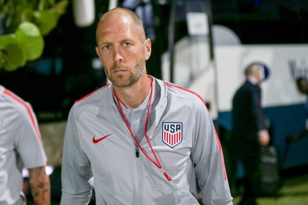 GEORGETOWN, GRAND CAYMAN, CAYMAN ISLANDS - NOVEMBER 19: Gregg Berhalter the USMT head coach heads to the locker room during a game between Cuba and USMNT at Truman Bodden Sports Complex on November 19, 2019 in Georgetown, Grand Cayman. (Photo by John Dorton/ISI Photos/Getty Images)