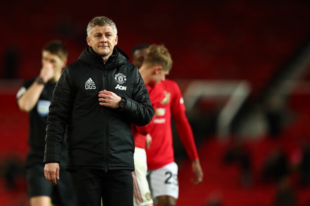 MANCHESTER, ENGLAND - JANUARY 07: Manchester United manager / head coach Ole Gunnar Solskjaer at full time of the Carabao Cup Semi Final match between Manchester United and Manchester City at Old Trafford on January 7, 2020 in Manchester, England. (Photo by Robbie Jay Barratt - AMA/Getty Images)