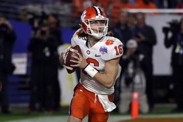 Clemson quarterback Trevor Lawrence (16) during the first half of the Fiesta Bowl NCAA college football game against Ohio State, Saturday, Dec. 28, 2019, in Glendale, Ariz. (AP Photo/Rick Scuteri). Clemson quarterback Trevor Lawrence (16) during the first half of the Fiesta Bowl NCAA college football game against Ohio State, Saturday, Dec. 28, 2019, in Glendale, Ariz. (AP Photo/Rick Scuteri).
