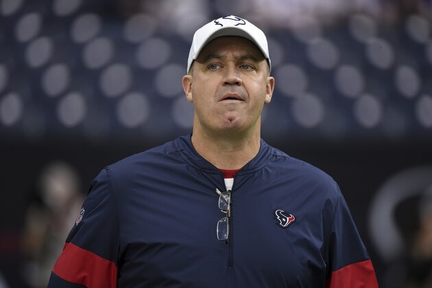 Houston Texans head coach Bill O'Brien watches his team warm up before an NFL wild-card playoff football game against the Buffalo Bills Saturday, Jan. 4, 2020, in Houston. (AP Photo/Eric Christian Smith)
