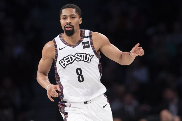 Brooklyn Nets guard Spencer Dinwiddie gestures after scoring in the first half of an NBA basketball game against the Toronto Raptors, Saturday, Jan. 4, 2020, in New York. (AP Photo/Mary Altaffer)