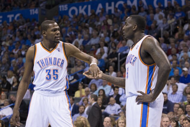 OKLAHOMA CITY, OK - April 3, 2014: Kevin Durant #35 and Kendrick Perkins #5 of the Oklahoma City Thunder celebrate during a game against the San Antonio Spurs at the Chesapeake Arena on April 3, 2014 in Oklahoma City, Oklahoma. NOTE TO USER:  User expressly acknowledges and agrees that, by downloading and/or using this photograph, user is consenting to the terms and conditions of the Getty Images License Agreement. Mandatory Copyright Notice:  Copyright 2014 NBAE (Photo by Richard Rowe/NBAE via Getty Images)