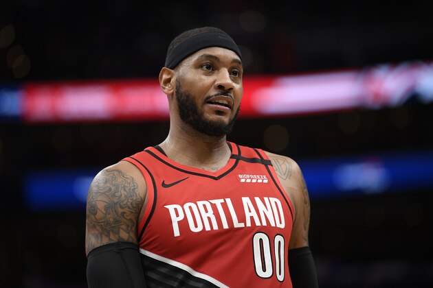 Portland Trail Blazers forward Carmelo Anthony (00) looks on during the second half of an NBA basketball game against the Washington Wizards, Friday, Jan. 3, 2020, in Washington. The Trail Blazers won 122-103. (AP Photo/Nick Wass)