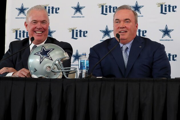 FRISCO, TEXAS - JANUARY 08: (L-R) Executive Vice President Stephen Jones of the Dallas Cowboys and head coach Mike McCarthy of the Dallas Cowboys talk with the media during a press conference at the Ford Center at The Star on January 08, 2020 in Frisco, Texas. (Photo by Tom Pennington/Getty Images) FRISCO, TEXAS - JANUARY 08: (L-R) Executive Vice President Stephen Jones of the Dallas Cowboys and head coach Mike McCarthy of the Dallas Cowboys talk with the media during a press conference at the Ford Center at The Star on January 08, 2020 in Frisco, Texas. (Photo by Tom Pennington/Getty Images)