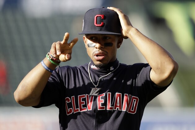 Cleveland Indians shortstop Francisco Lindor warms up before the start of a baseball game against the Los Angeles Angels Wednesday, Sept. 11, 2019, in Anaheim, Calif. (AP Photo/Marcio Jose Sanchez)