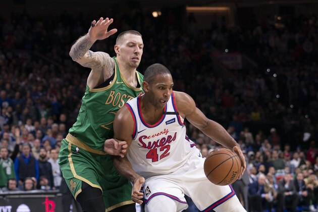 PHILADELPHIA, PA - JANUARY 09: Al Horford #42 of the Philadelphia 76ers dribbles the ball against Daniel Theis #27 of the Boston Celtics in the fourth quarter at the Wells Fargo Center on January 9, 2020 in Philadelphia, Pennsylvania. The 76ers defeated the Celtics 109-98. NOTE TO USER: User expressly acknowledges and agrees that, by downloading and/or using this photograph, user is consenting to the terms and conditions of the Getty Images License Agreement. (Photo by Mitchell Leff/Getty Images) PHILADELPHIA, PA - JANUARY 09: Al Horford #42 of the Philadelphia 76ers dribbles the ball against Daniel Theis #27 of the Boston Celtics in the fourth quarter at the Wells Fargo Center on January 9, 2020 in Philadelphia, Pennsylvania. The 76ers defeated the Celtics 109-98. NOTE TO USER: User expressly acknowledges and agrees that, by downloading and/or using this photograph, user is consenting to the terms and conditions of the Getty Images License Agreement. (Photo by Mitchell Leff/Getty Images)