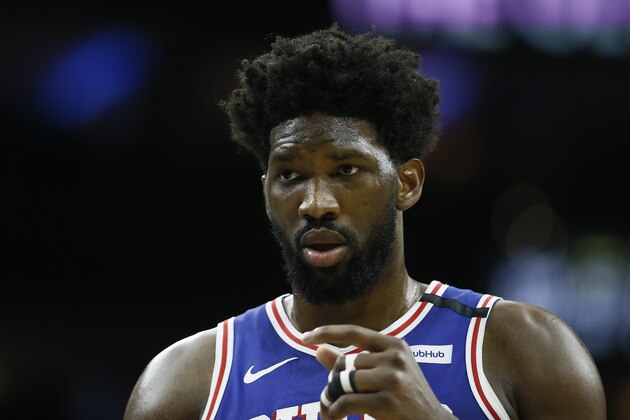Philadelphia 76ers' Joel Embiid plays during an NBA basketball game against the Oklahoma City Thunder, Monday, Jan. 6, 2020, in Philadelphia. (AP Photo/Matt Slocum)