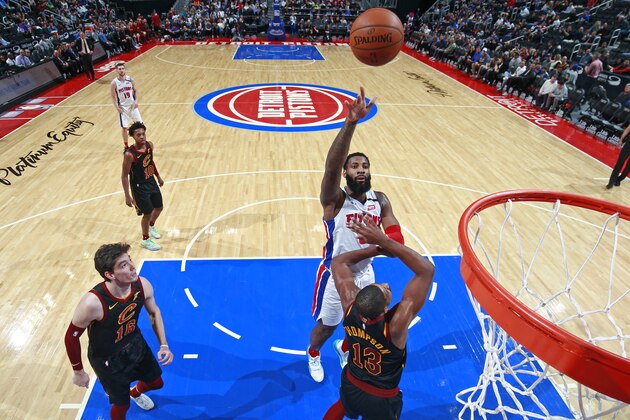 DETROIT, MI - JANUARY 9: Andre Drummond #0 of the Detroit Pistons shoots the ball against the Cleveland Cavaliers on January 9, 2019 at Little Caesars Arena in Detroit, Michigan. NOTE TO USER: User expressly acknowledges and agrees that, by downloading and/or using this photograph, User is consenting to the terms and conditions of the Getty Images License Agreement. Mandatory Copyright Notice: Copyright 2019 NBAE (Photo by Brian Sevald/NBAE via Getty Images)