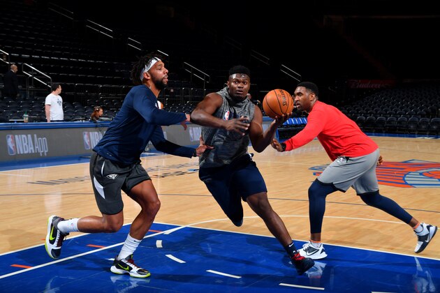 NEW YORK, NY - JANUARY 10: Zion Williamson #1 of the New Orleans Pelicans warms up before the game against the New York Knicks on January 10, 2020 at Madison Square Garden in New York City, New York.  NOTE TO USER: User expressly acknowledges and agrees that, by downloading and or using this photograph, User is consenting to the terms and conditions of the Getty Images License Agreement. Mandatory Copyright Notice: Copyright 2020 NBAE  (Photo by Jesse D. Garrabrant/NBAE via Getty Images)