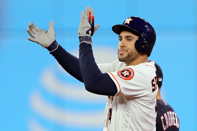 HOUSTON, TEXAS - OCTOBER 29:  George Springer #4 of the Houston Astros celebrates his leadoff double against the Washington Nationals during the first inning in Game Six of the 2019 World Series at Minute Maid Park on October 29, 2019 in Houston, Texas. (Photo by Elsa/Getty Images)