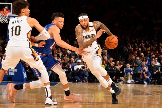 NEW YORK, NY - JANUARY 10: Brandon Ingram #14 of the New Orleans Pelicans handles the ball against the New York Knicks on January 10, 2020 at Madison Square Garden in New York City, New York.  NOTE TO USER: User expressly acknowledges and agrees that, by downloading and or using this photograph, User is consenting to the terms and conditions of the Getty Images License Agreement. Mandatory Copyright Notice: Copyright 2020 NBAE  (Photo by Jesse D. Garrabrant/NBAE via Getty Images)