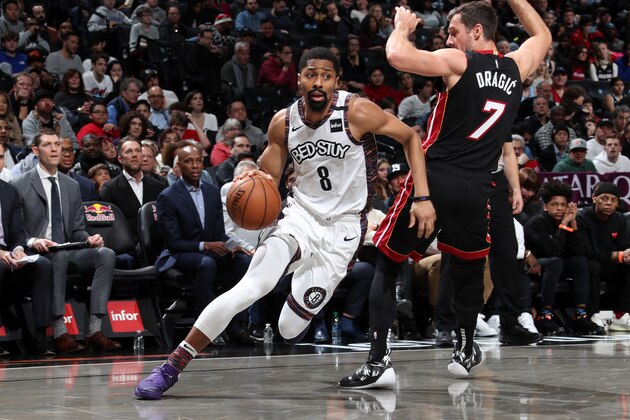 NEW YORK, NY - JANUARY 10: Spencer Dinwiddie #8 of the Brooklyn Nets drives to the basket against the Miami Heat on January 10, 2020 at Madison Square Garden in New York City, New York. NOTE TO USER: User expressly acknowledges and agrees that, by downloading and or using this photograph, User is consenting to the terms and conditions of the Getty Images License Agreement. Mandatory Copyright Notice: Copyright 2020 NBAE (Photo by Nathaniel S. Butler/NBAE via Getty Images) NEW YORK, NY - JANUARY 10: Spencer Dinwiddie #8 of the Brooklyn Nets drives to the basket against the Miami Heat on January 10, 2020 at Madison Square Garden in New York City, New York. NOTE TO USER: User expressly acknowledges and agrees that, by downloading and or using this photograph, User is consenting to the terms and conditions of the Getty Images License Agreement. Mandatory Copyright Notice: Copyright 2020 NBAE (Photo by Nathaniel S. Butler/NBAE via Getty Images)