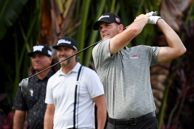 HONOLULU, HAWAII - JANUARY 10: Brendan Steele of the United States plays his shot from the ninth tee as Scott Piercy of the United States and Pat Perez of the United States look on during the second round of the Sony Open in Hawaii at the Waialae Country Club on January 10, 2020 in Honolulu, Hawaii. (Photo by Harry How/Getty Images) HONOLULU, HAWAII - JANUARY 10: Brendan Steele of the United States plays his shot from the ninth tee as Scott Piercy of the United States and Pat Perez of the United States look on during the second round of the Sony Open in Hawaii at the Waialae Country Club on January 10, 2020 in Honolulu, Hawaii. (Photo by Harry How/Getty Images)