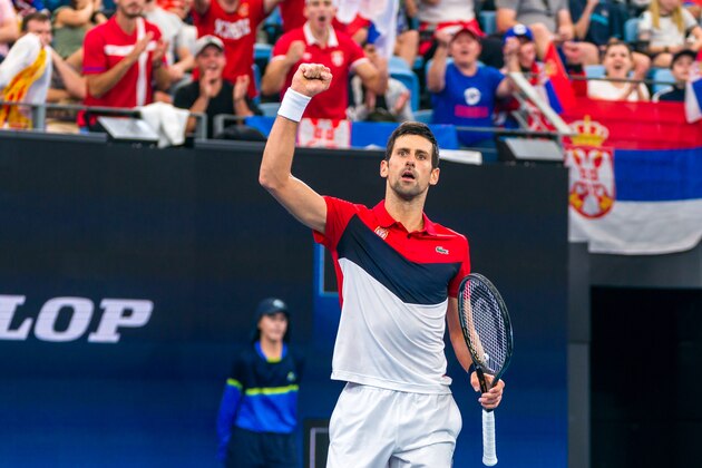 SYDNEY, AUSTRALIA - JANUARY 11: Novak Djokovic of Serbia celebrates winning a break point during his semi-final singles match against Daniil Medvedev of Russia during day nine of the 2020 ATP Cup at Ken Rosewall Arena on January 11, 2020 in Sydney, Australia. (Photo by Andy Cheung/Getty Images)
