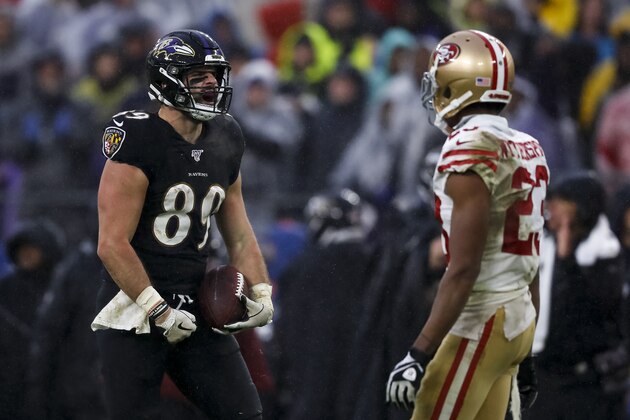 BALTIMORE, MD - DECEMBER 01: Mark Andrews #89 of the Baltimore Ravens reacts to a play against the San Francisco 49ers during the second half at M&T Bank Stadium on December 1, 2019 in Baltimore, Maryland. (Photo by Scott Taetsch/Getty Images)