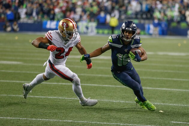 SEATTLE, WA - DECEMBER 29:  Wide receiver Tyler Lockett #16 of the Seattle Seahawks rushes against the San Francisco 49ers at CenturyLink Field on December 29, 2019 in Seattle, Washington.  (Photo by Otto Greule Jr/Getty Images)